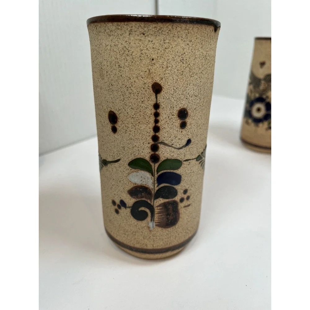 Tonala Pottery Cups Painted Blue Flowers Bird Stone Ware Lot Of 5 Netzi Mexico - Picture 8 of 16